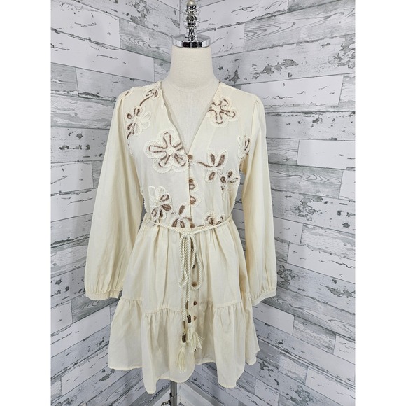 Zara Dresses & Skirts - Zara Women Cream Embroidered Floral Mini Dress V-Neck Tassel Belt Size S
